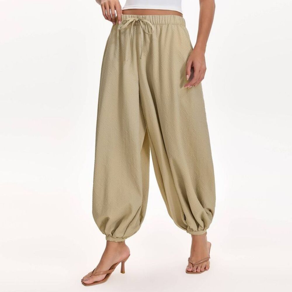 Women's Mid-Rise Drawstring Balloon Pants - A New Day Beige Check L